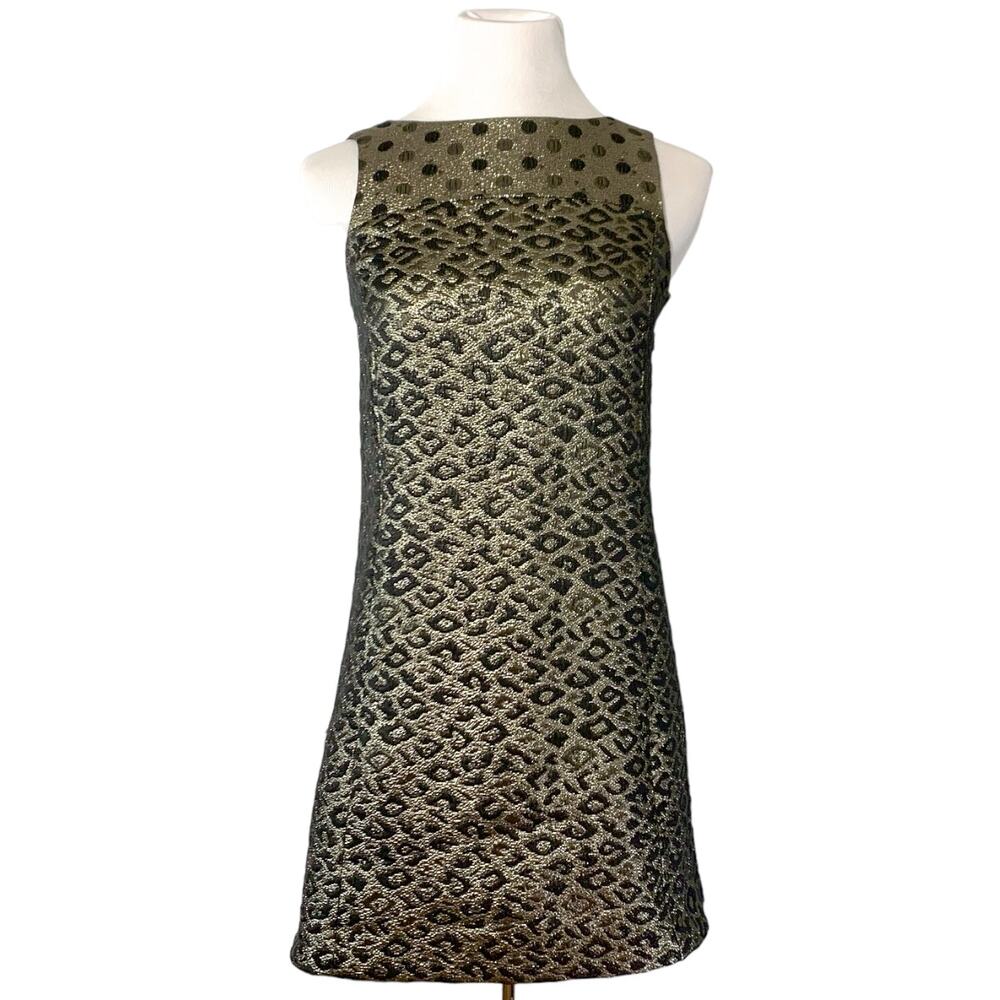 Tibi Metallic Leopard Polka Dot Pocket Sleeveless Sheath Dress Gold Black 2